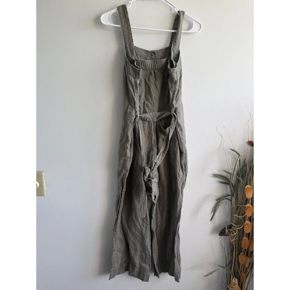 Everlane Women Olive Green Linen Button Front Wide Leg Jumpsuit Size 0 Tie Back